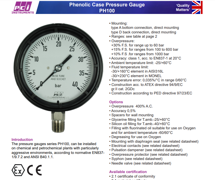 Đồng hồ đo áp suất phenolic PH100 | | PCI-Instrument Viet Nam