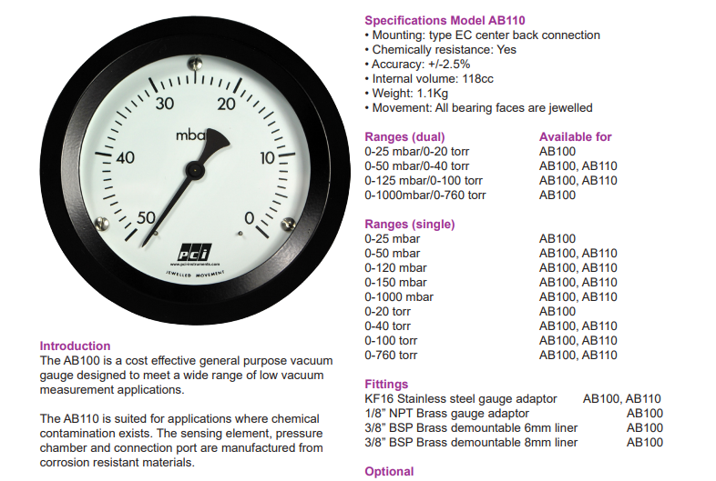 Đồng hồ đo áp suất tuyệt đối chân không AB100 | PCI-Instrument Viet Nam